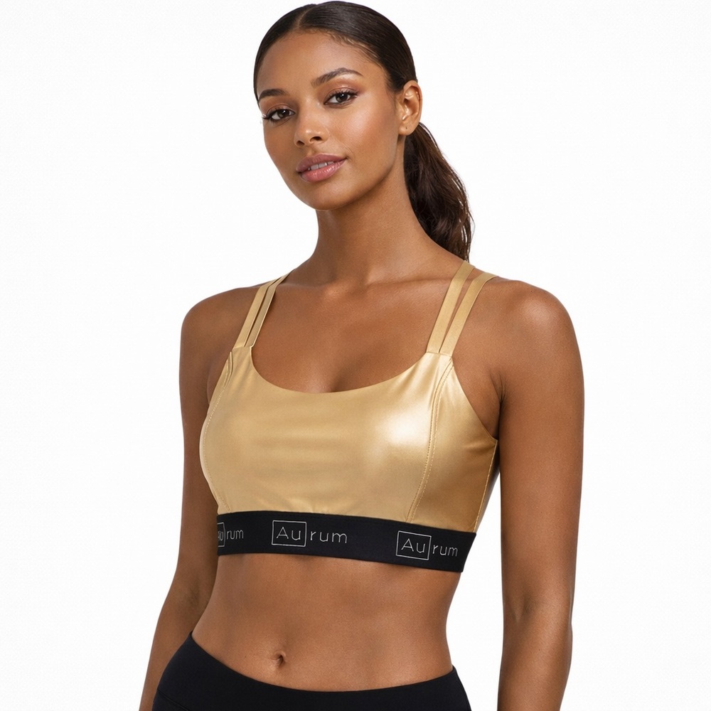 Aurum Activewear Gold Sports Bra Size Small Metallic Black Logo Band